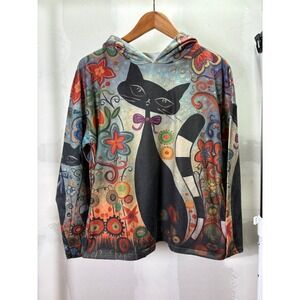 Artistic Cat Floral All Over Print Hoodie Multicolor Whimsigoth Pullover XL